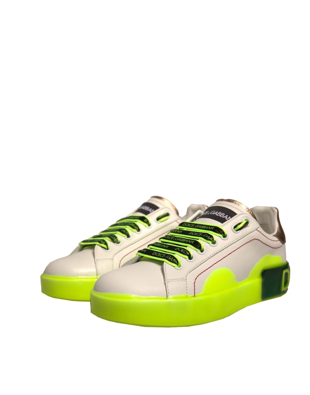 Chaussures sneakers en cuir blanc et jaune Dolce & Gabbana Portofino, style élégant avec détails modernes.