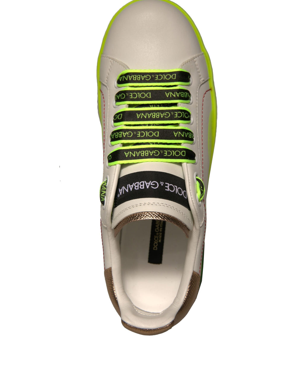 Chaussures sneakers en cuir blanc et jaune Dolce & Gabbana Portofino, vue de face, détails de la semelle et du design élégant.