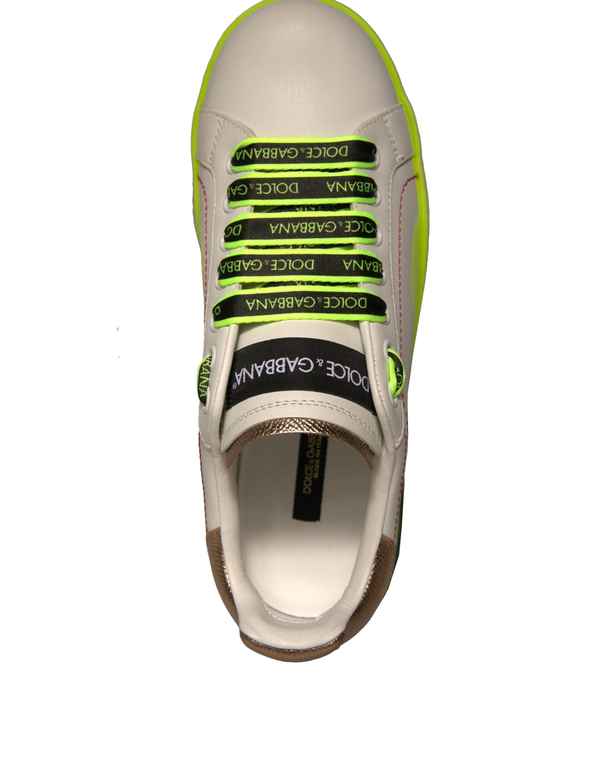 Chaussures sneakers en cuir blanc et jaune Dolce & Gabbana Portofino, vue de face, détails de la semelle et du design élégant.