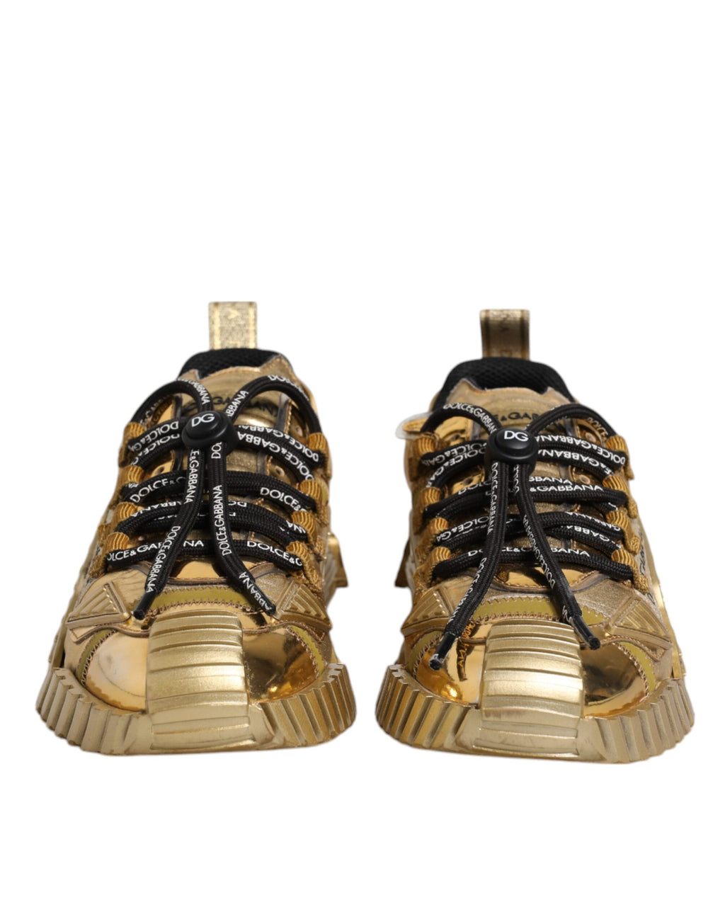 Chaussures sneakers Dolce & Gabbana en dentelle dorée, lacets extensibles et style élégant visible sur l'image.