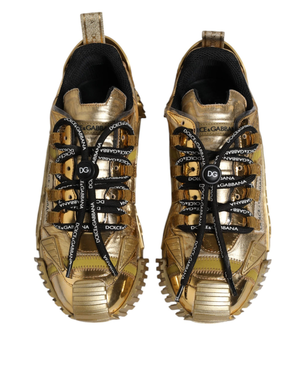 Chaussures sneakers Dolce & Gabbana dorées en dentelle extensible avec laçage, vue de face.