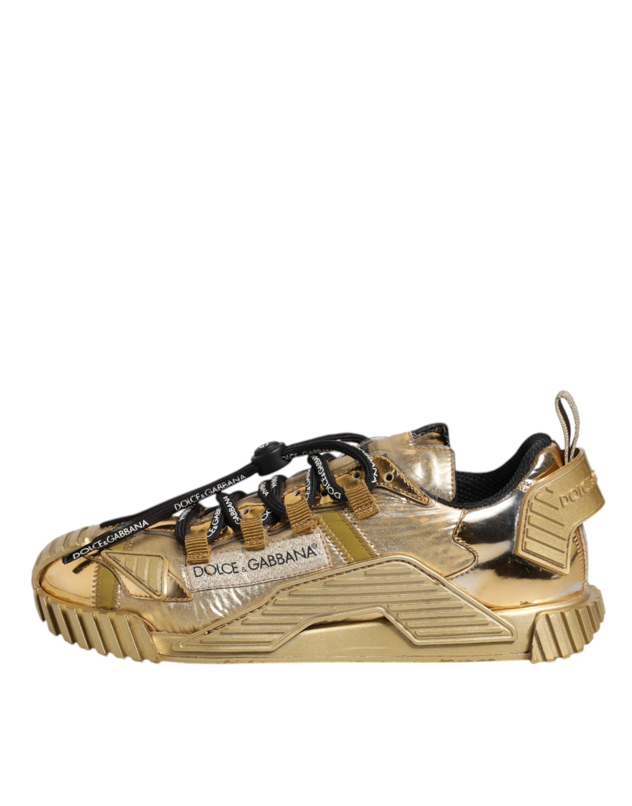 Chaussures sneakers Dolce & Gabbana NS1 en dentelle dorée à lacets, vue de face, détails élégants et finition raffinée.