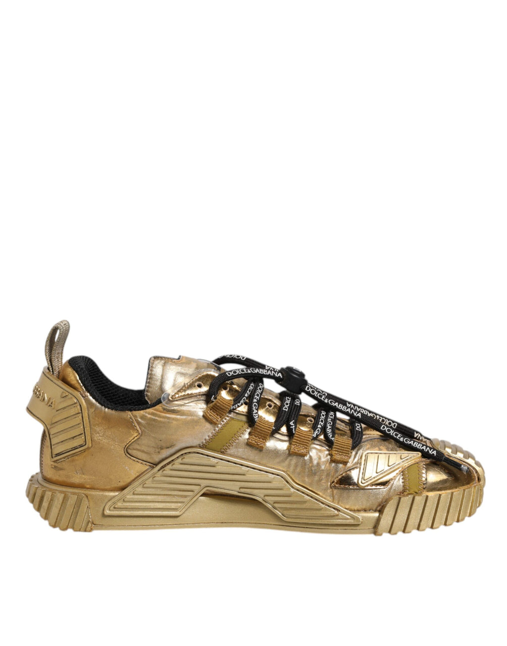 Chaussures sneakers Dolce & Gabbana en or avec lacets extensibles, vue de face, mode élégante et design sophistiqué.