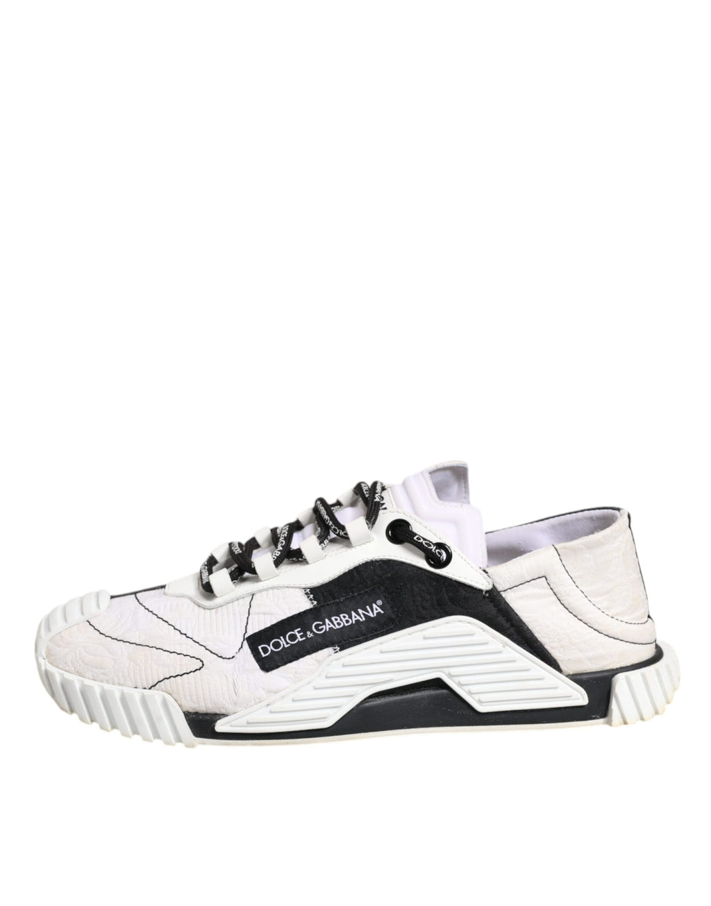 Chaussures sneakers basses Dolce & Gabbana NS1 en blanc et noir, vue de face, en cuir avec détails modernes.