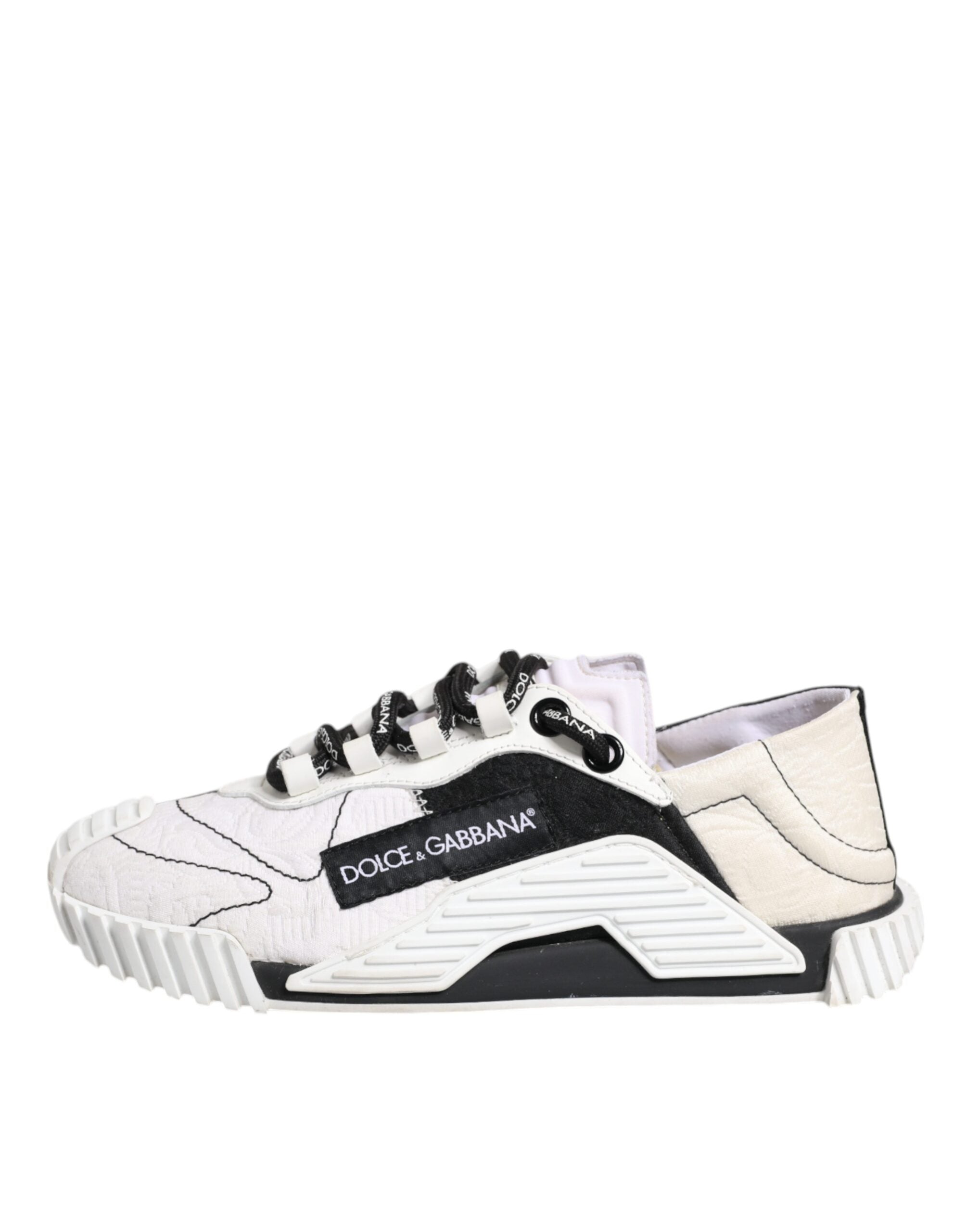 Chaussures sneakers basses Dolce & Gabbana NS1 en blanc et noir, vue de face, détails du design et logo visible.