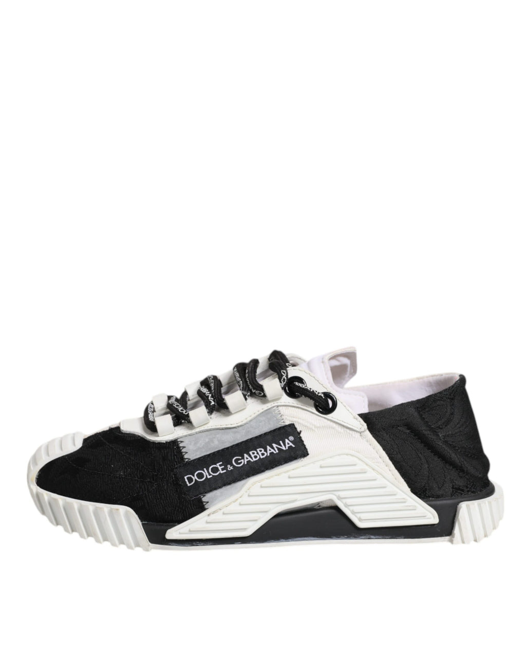 Chaussures sneakers basses Dolce & Gabbana NS1 en blanc et noir, vue de face, en cuir avec détails modernes.