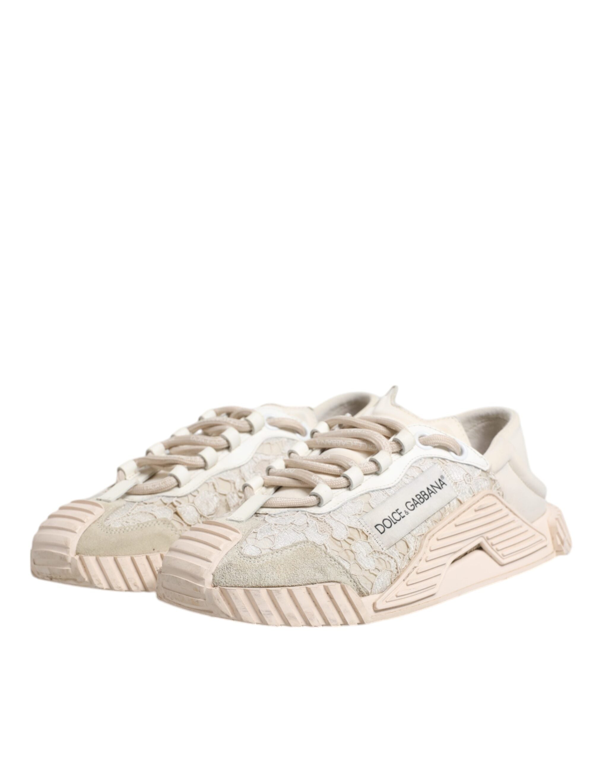 Baskets basses blanches en dentelle Dolce & Gabbana NS1, chaussures de sport élégantes avec détails en dentelle et semelle blanche