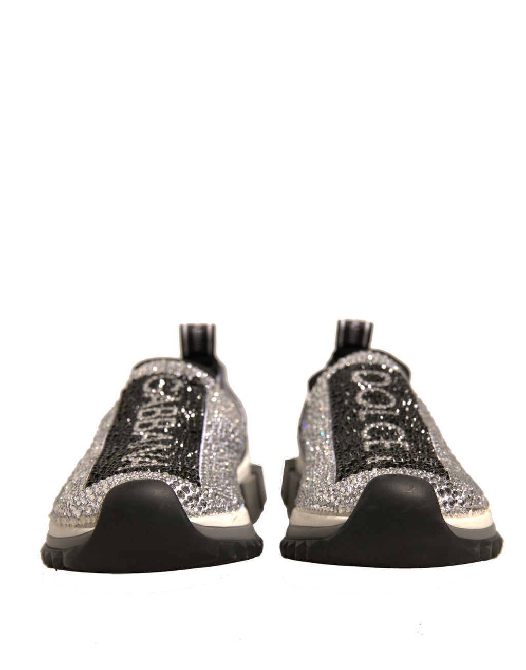 Chaussures sneakers Dolce & Gabbana Sorrento en argent avec strass, vue de face, détails brillants et style élégant.