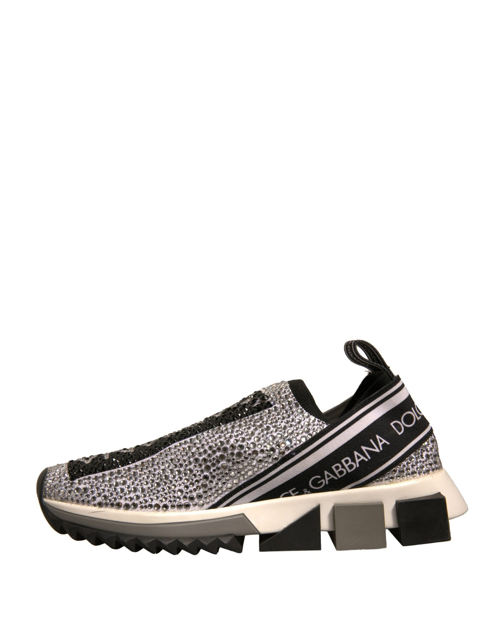 Chaussures Sneakers Dolce & Gabbana Sorrento en argent avec strass brillants, vue de face.