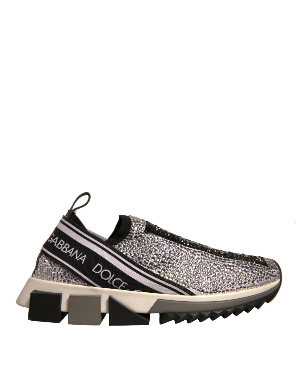 Chaussures sneakers Dolce & Gabbana Sorrento en argent avec strass, vue de face, mode élégante et brillante.