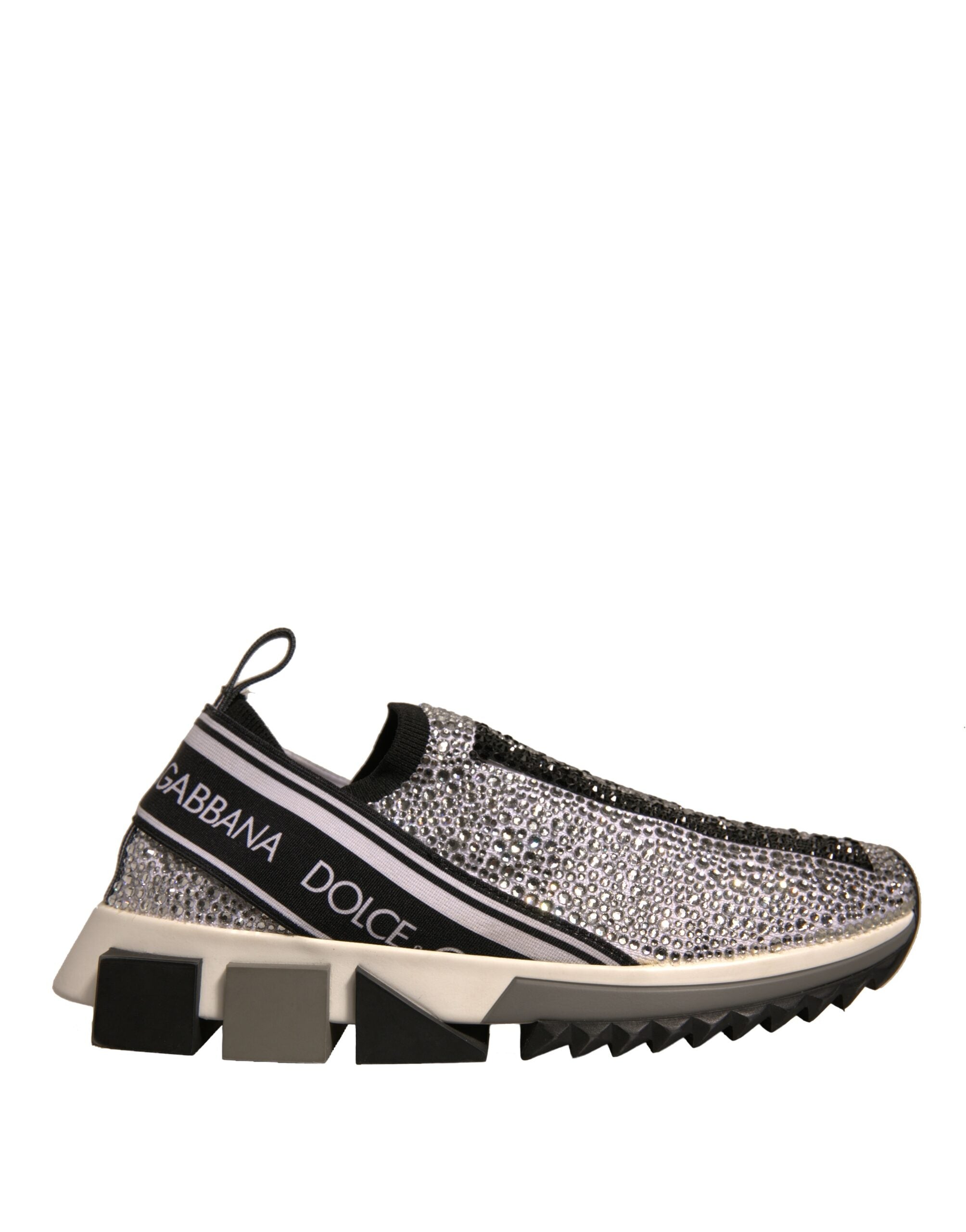 Chaussures sneakers Dolce & Gabbana Sorrento en argent avec strass, vue de face, mode élégante et brillante.