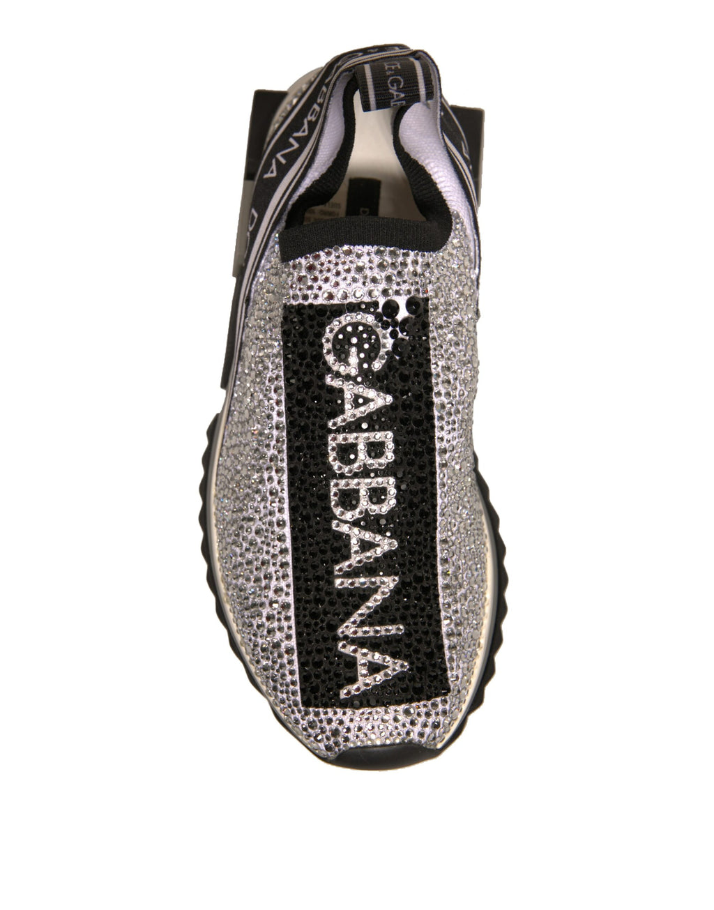 Chaussures sneakers Dolce & Gabbana Sorrento en argent avec strass, vue de face, détails brillants et style élégant.