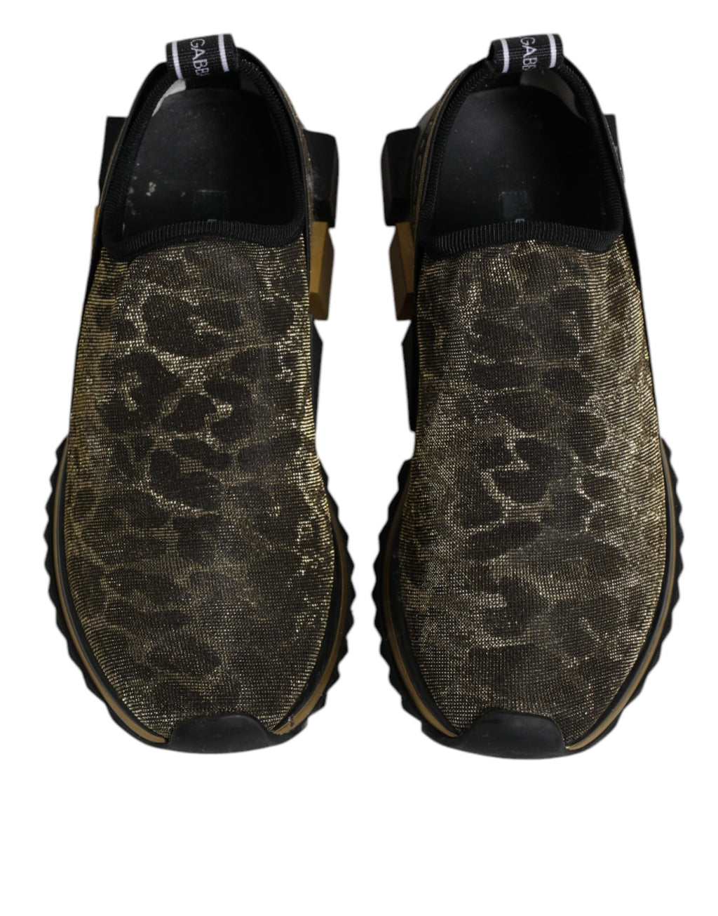 Chaussures sneakers Dolce & Gabbana Sorrento à glitter or et motif léopard, vue de face.