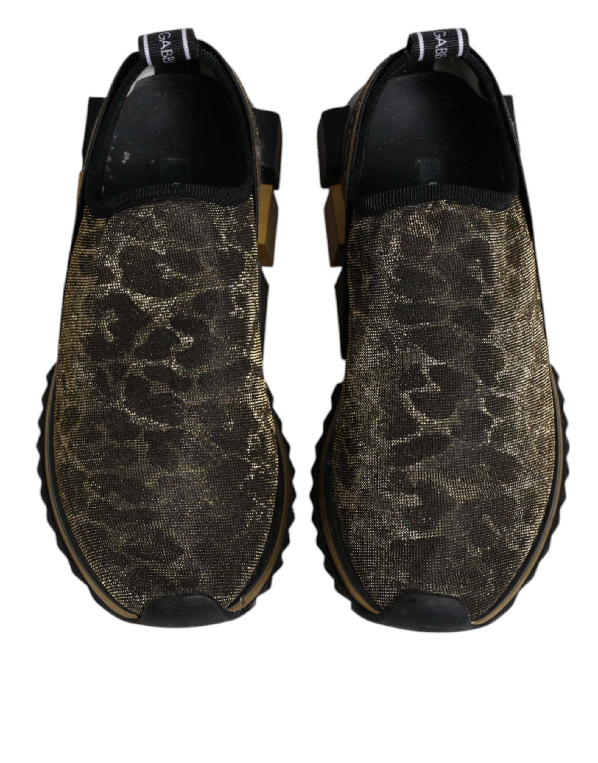 Chaussures sneakers Dolce & Gabbana Sorrento à glitter or et motif léopard, vue de face.