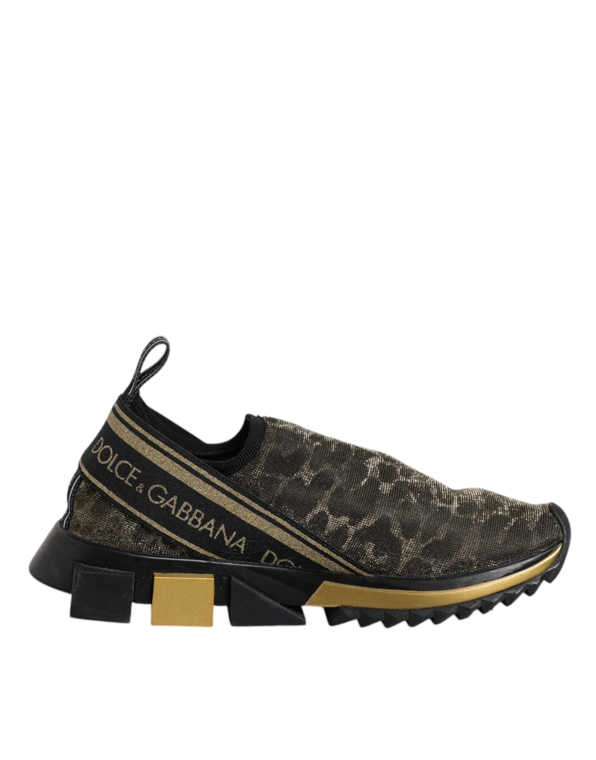 Chaussures Dolce & Gabbana Sorrento à sneakers or et léopard avec paillettes, style flashy et tendance.