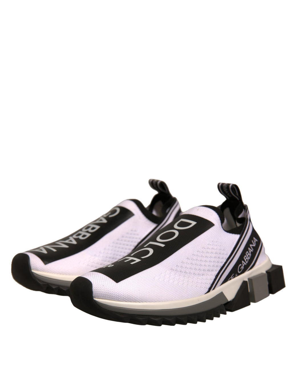 Chaussures sneakers Dolce & Gabbana Sorrento blanches et noires, slip-on, vue de face, en cuir élégant pour homme.