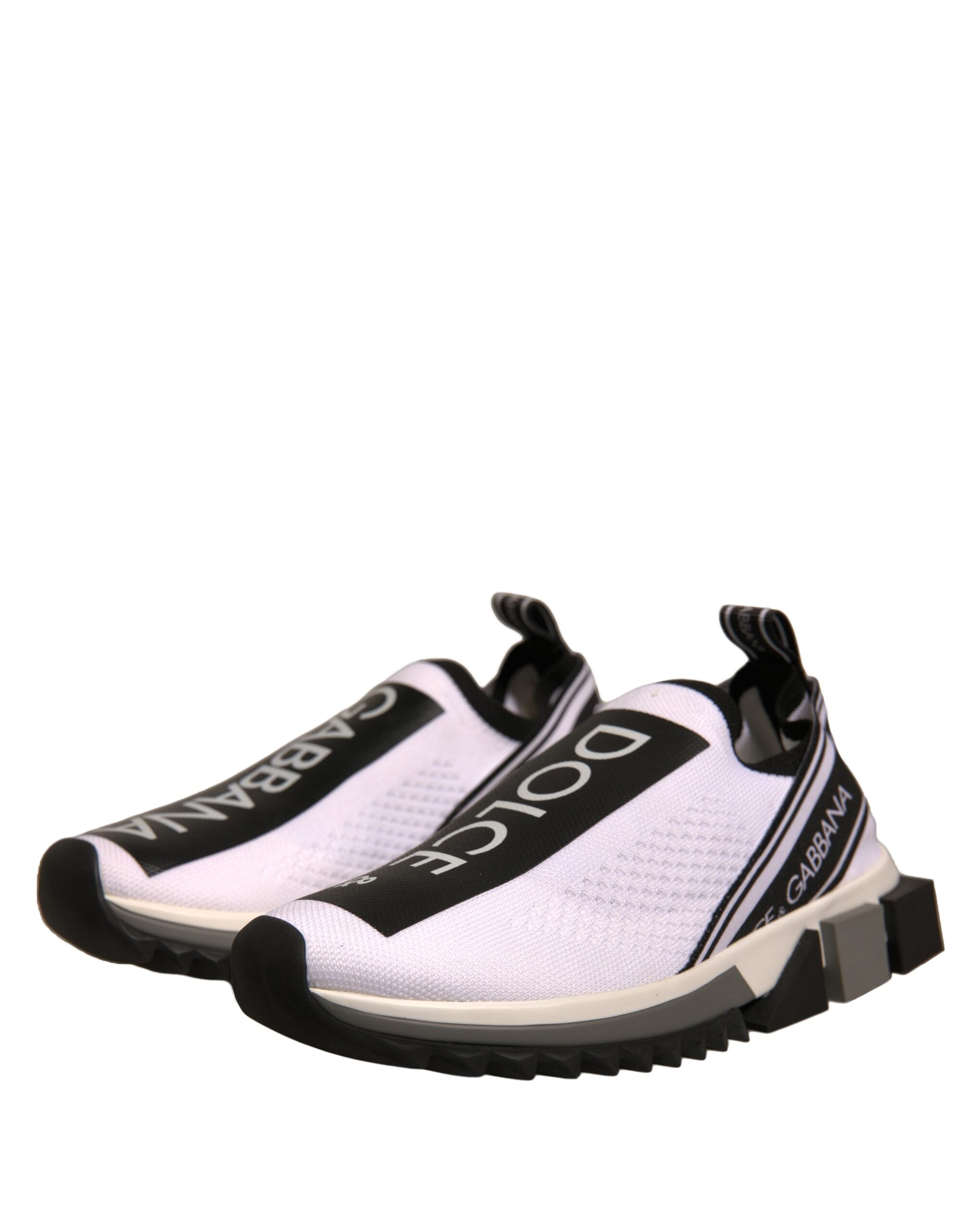 Chaussures sneakers Dolce & Gabbana Sorrento blanches et noires, slip-on, vue de face, en cuir élégant pour homme.