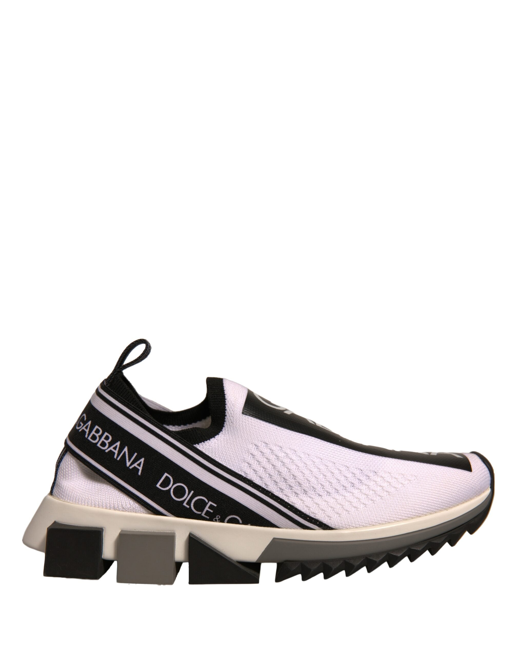 Chaussures sneakers Dolce & Gabbana Sorrento blanches et noires, slip-on, vue de face, style élégant et moderne.