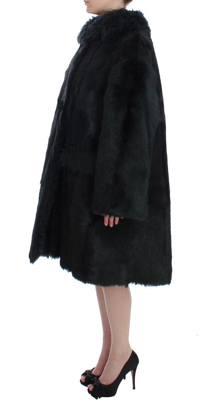 Manteau long en shearling de chèvre noir de Dolce & Gabbana, veste élégante en fourrure pour femme.