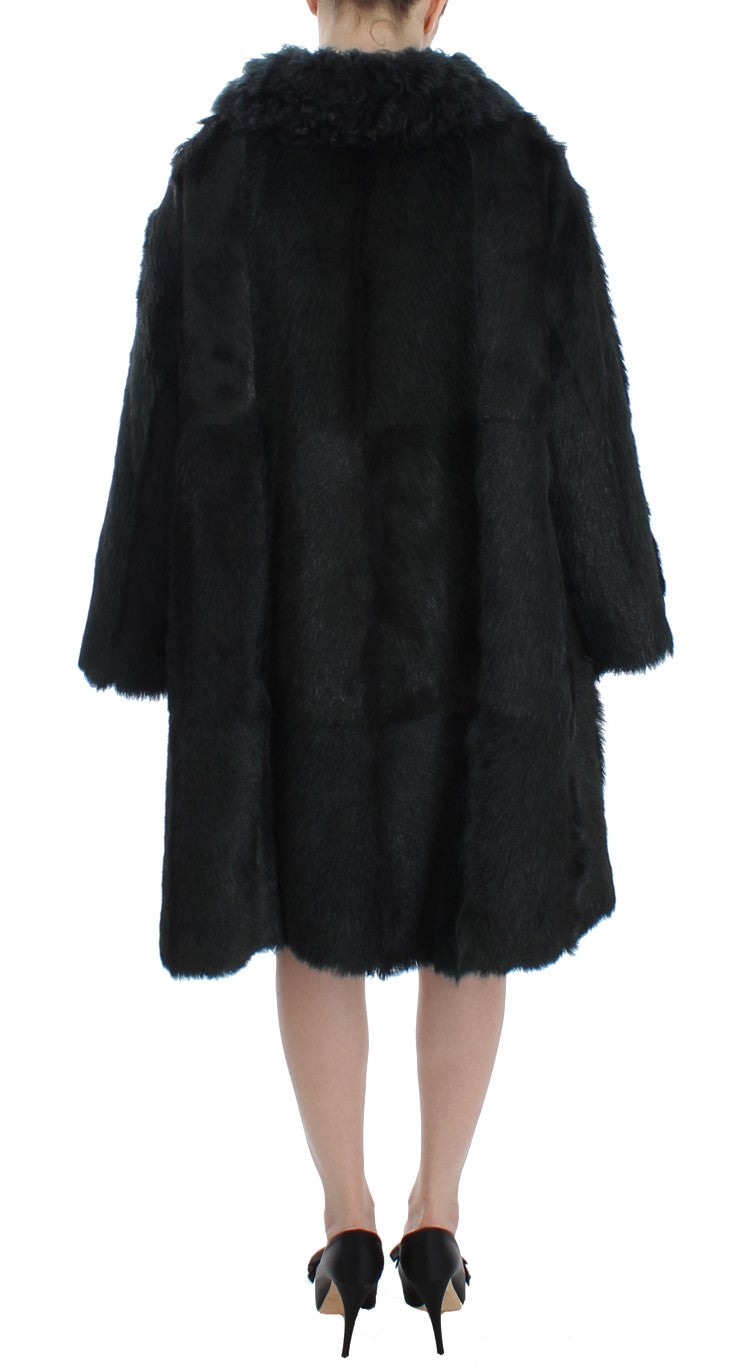 Veste longue en shearling de mouton noir Dolce & Gabbana, manteau chaud en fourrure de chèvre, style élégant et luxueux.