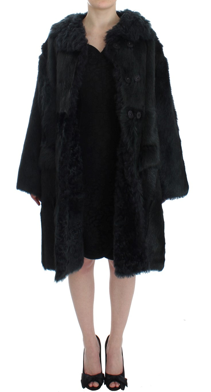 Manteau long en shearling de mouton noir de Dolce & Gabbana, veste élégante en fourrure de chèvre, mode luxueuse raffinée