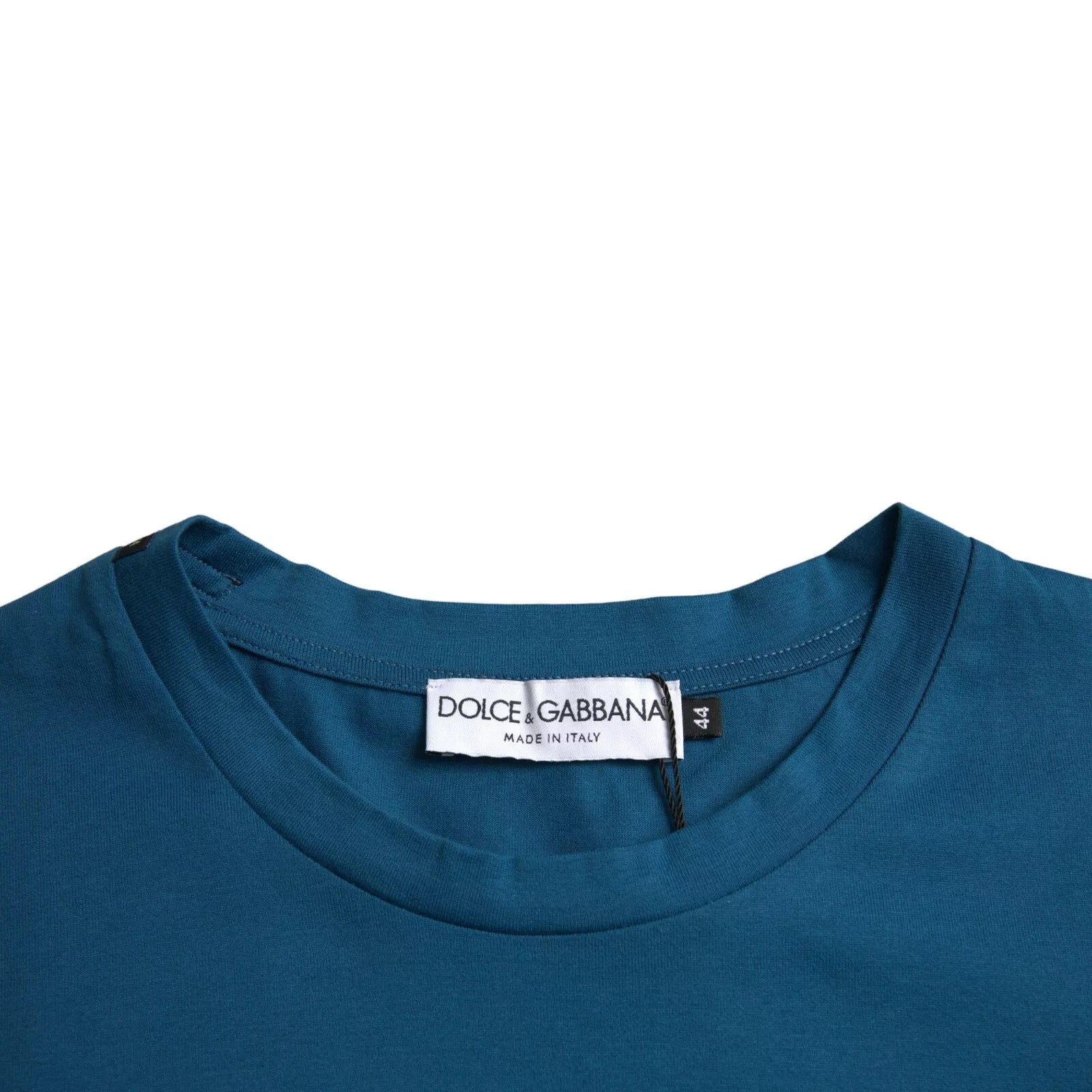 T-shirt en coton bleu Dolce & Gabbana avec logo, col rond et manches courtes, vue de face.