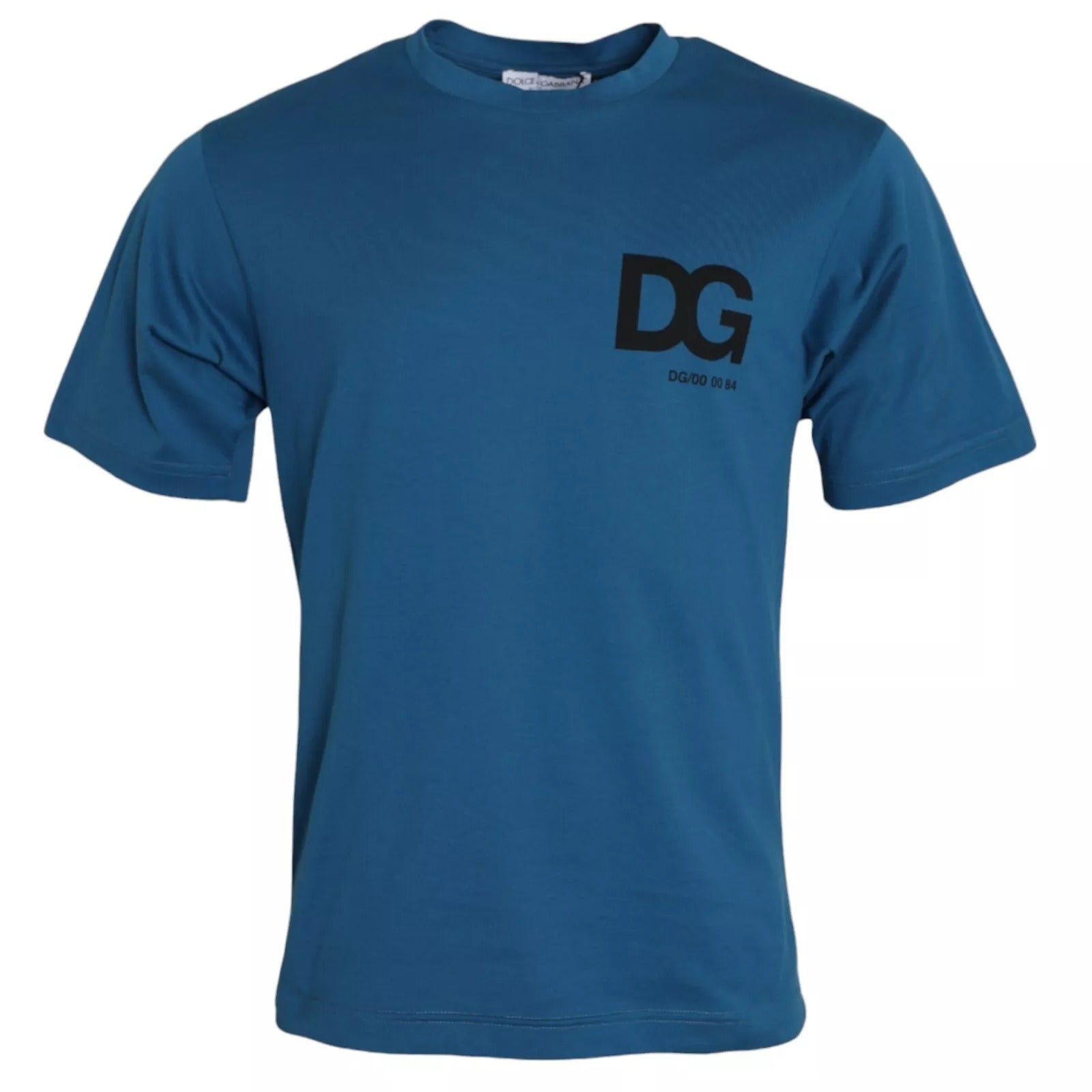 T-shirt blanc à logo bleu Dolce & Gabbana en coton à col rond et manches courtes, vue de face.