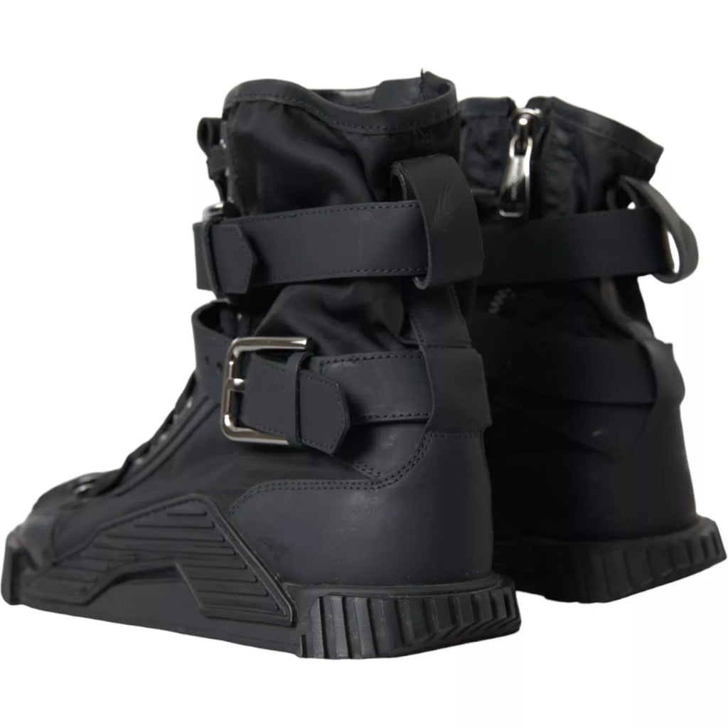 Chaussures sneakers montantes en nylon noir Dolce & Gabbana NS1, style moderne et tendance, vues de face.