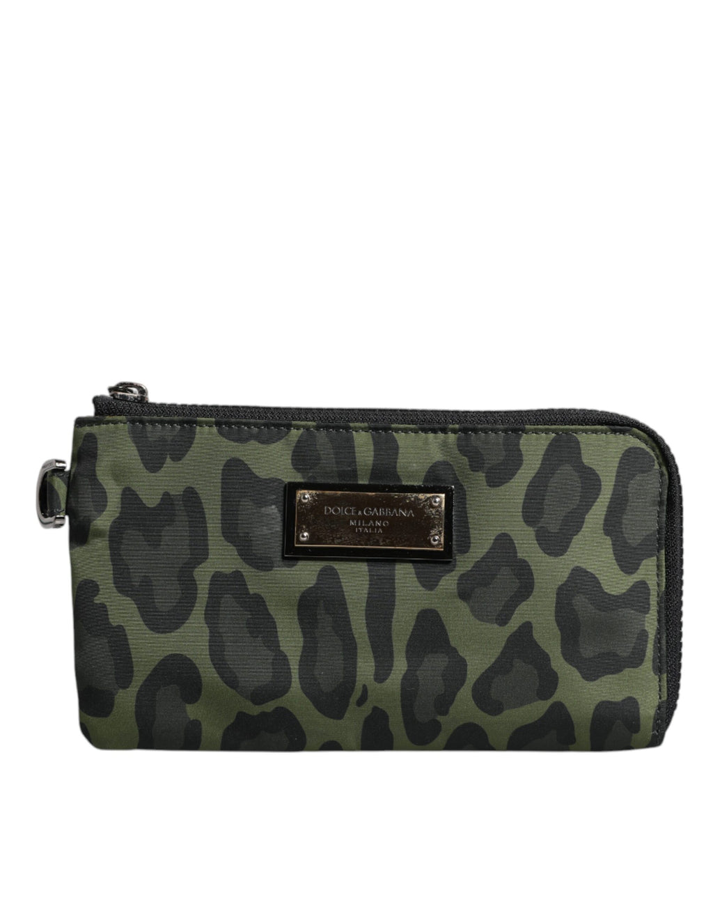 Sac multifonction en cuir vert à léopard Dolce & Gabbana avec plaque logo, design élégant et détails sophistiqués.