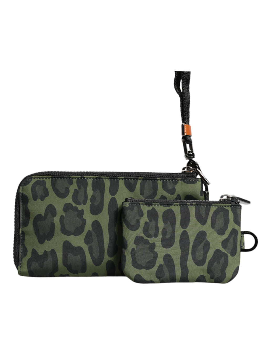Sac multifonction en cuir vert à motif léopard Dolce & Gabbana avec plaque logo, design élégant et pratique.
