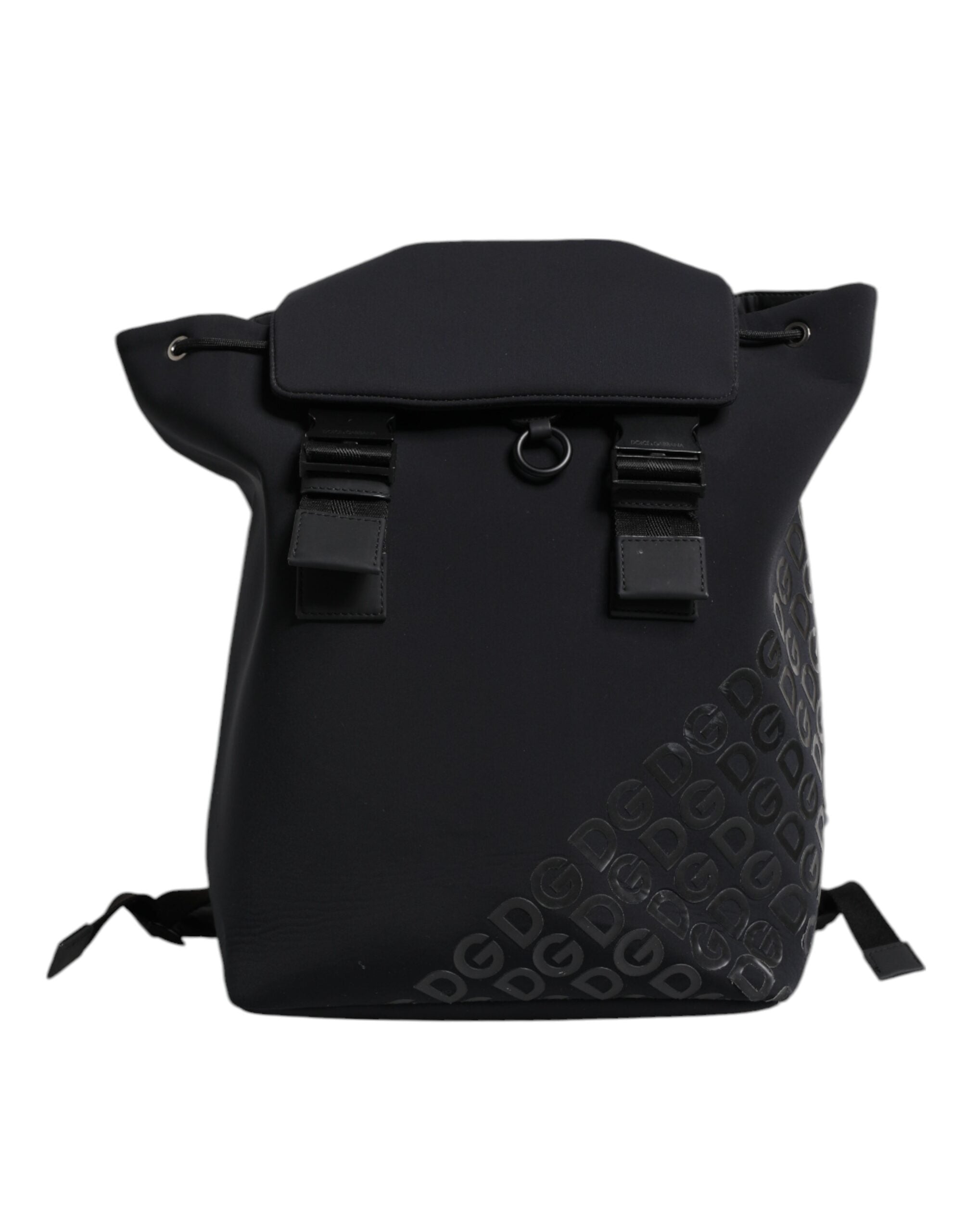 Sac à dos Dolce & Gabbana en néoprène noir avec logo DG, détail pratique et style moderne pour l'école ou la ville.