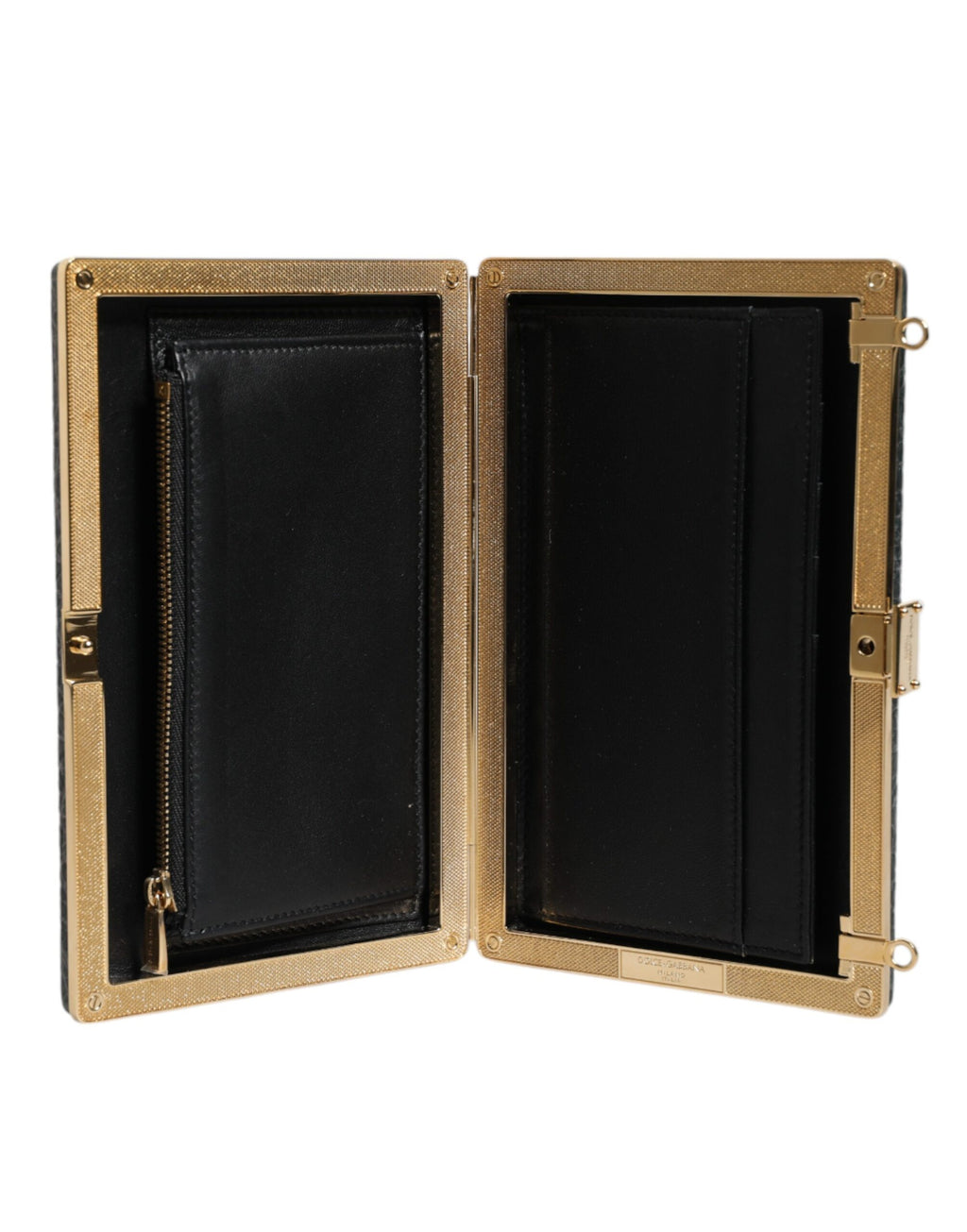 Sac clutch en cuir noir Dolce & Gabbana pour soirée, avec bandoulière élégante et détails raffinés.