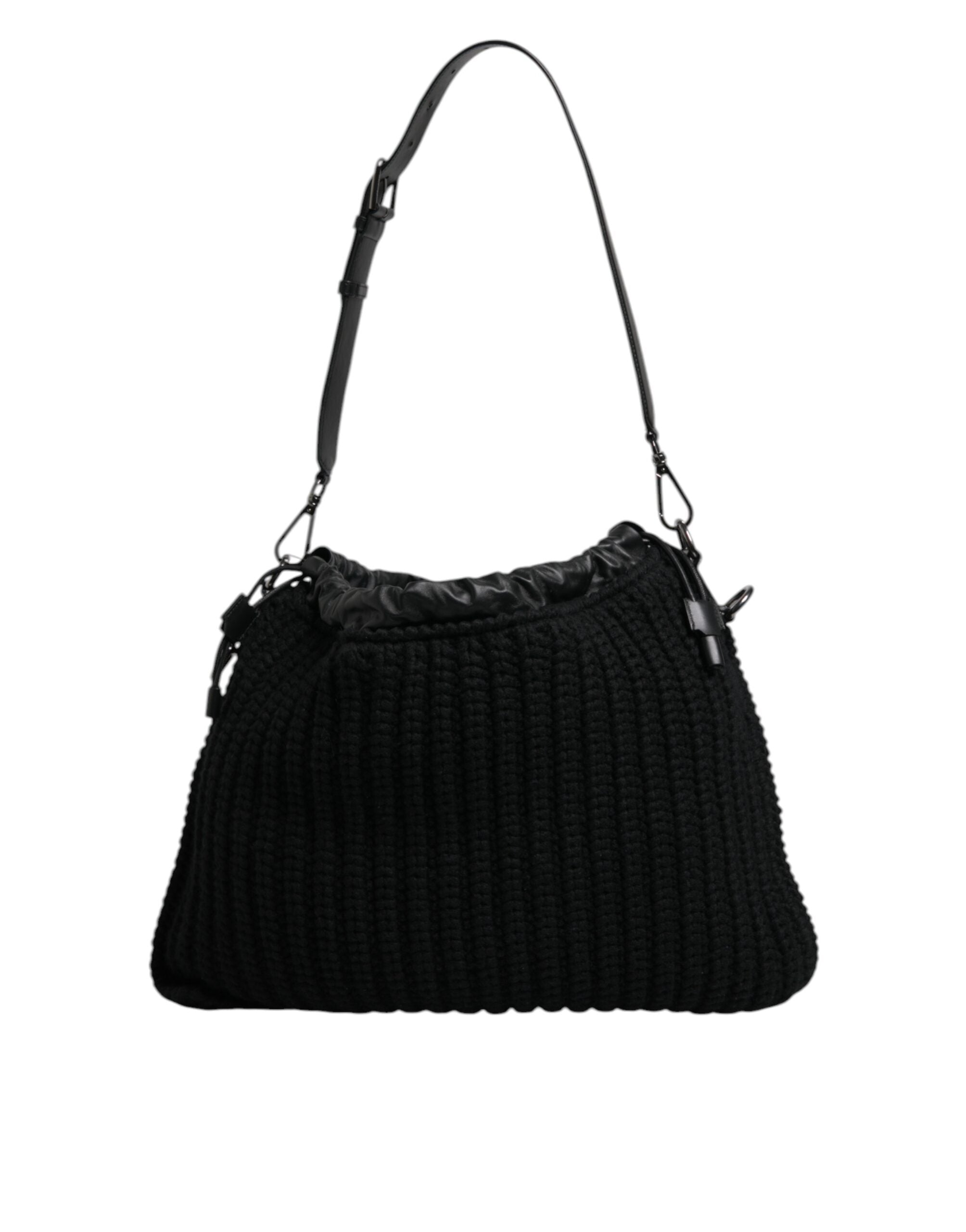 Sac à bandoulière en cachemire noir et cuir tissé de Dolce & Gabbana, élégant et sophistiqué, visible avec détails en cuir.