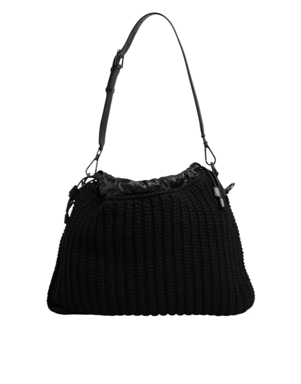 Sac à épaule en cachemire noir Dolce & Gabbana avec détails en cuir, design élégant et finition douce visible dans l'image.