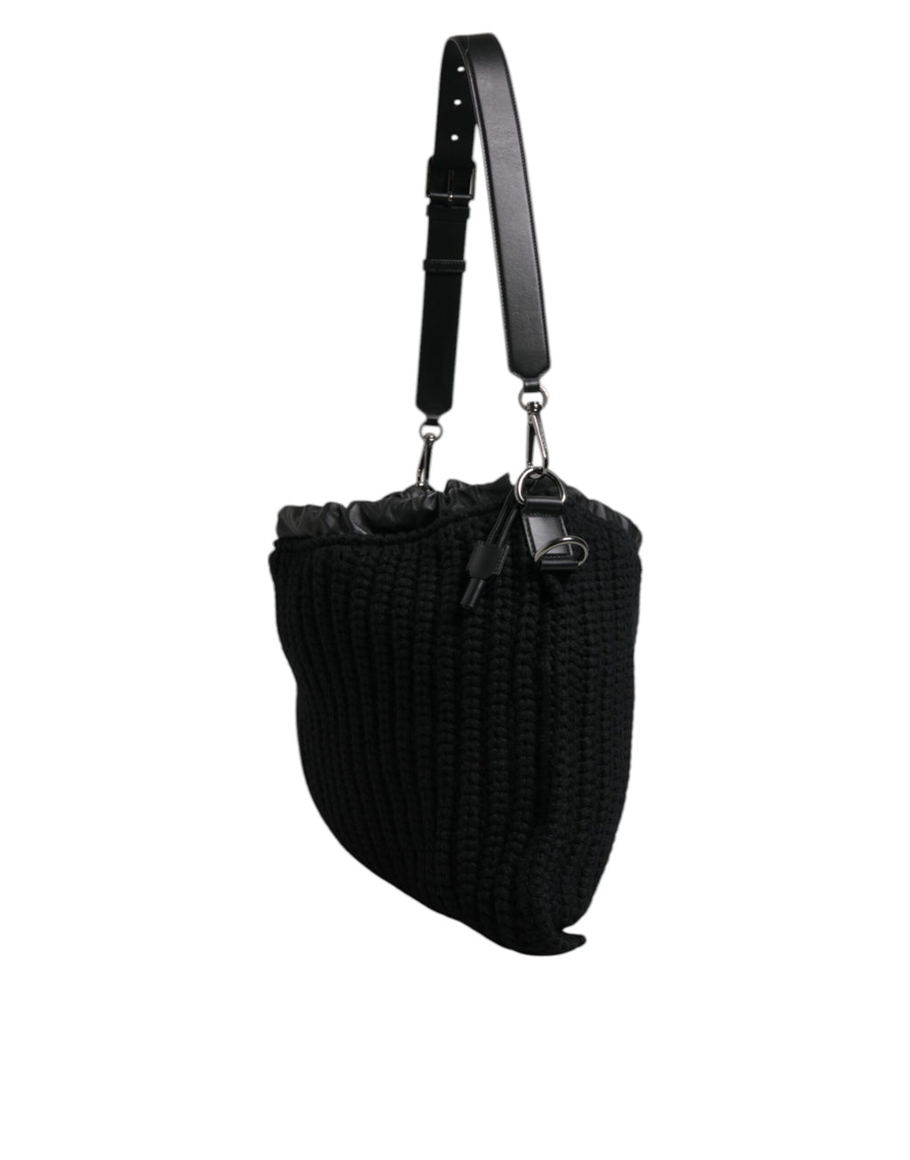 Sac à main noir en cachemire et cuir tissé Dolce & Gabbana, avec bandoulière élégante et détails sophistiqués.