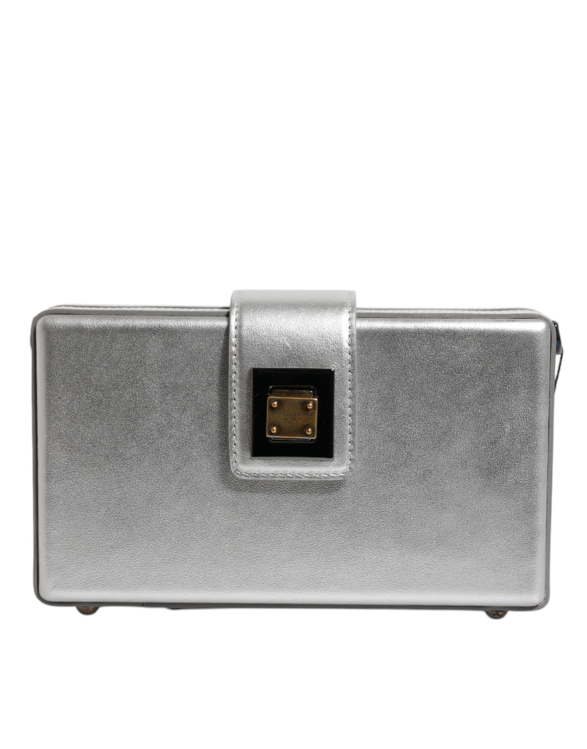 Sac à bandoulière en cuir argenté Dolce & Gabbana DG BOX avec bandoulière en métal brillant, élégant et sophistiqué.