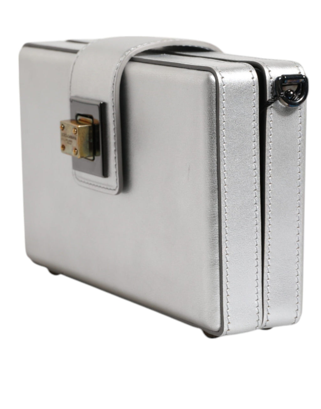 Sac à épaules en cuir argenté Dolce & Gabbana DG BOX avec bride métallique, design élégant et moderne.
