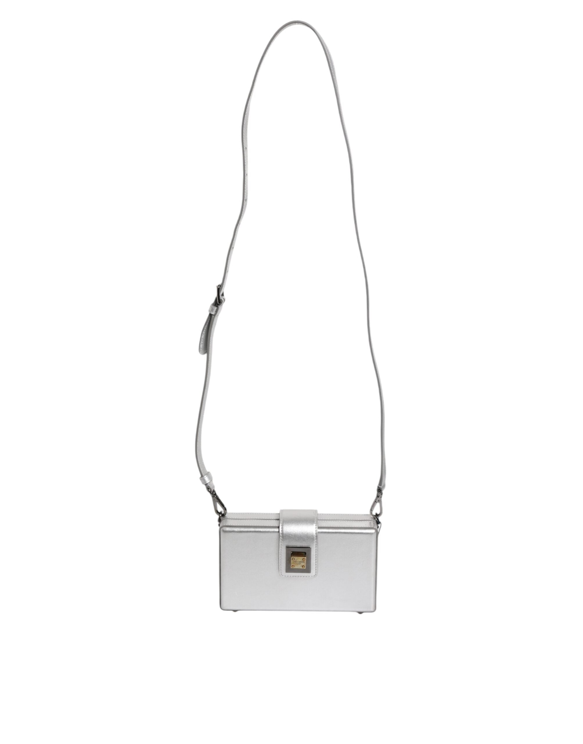 Sac à bandoulière en cuir argenté Dolce & Gabbana DG BOX avec chaîne métallique, élégant et moderne.