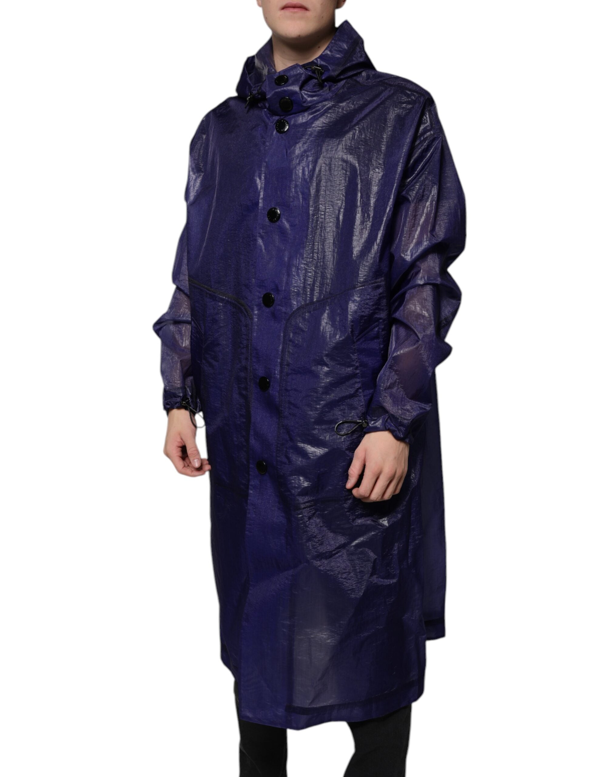 Imperméable homme en coton bleu foncé avec capuche, veste Dolce & Gabbana, design élégant et pratique pour la pluie.