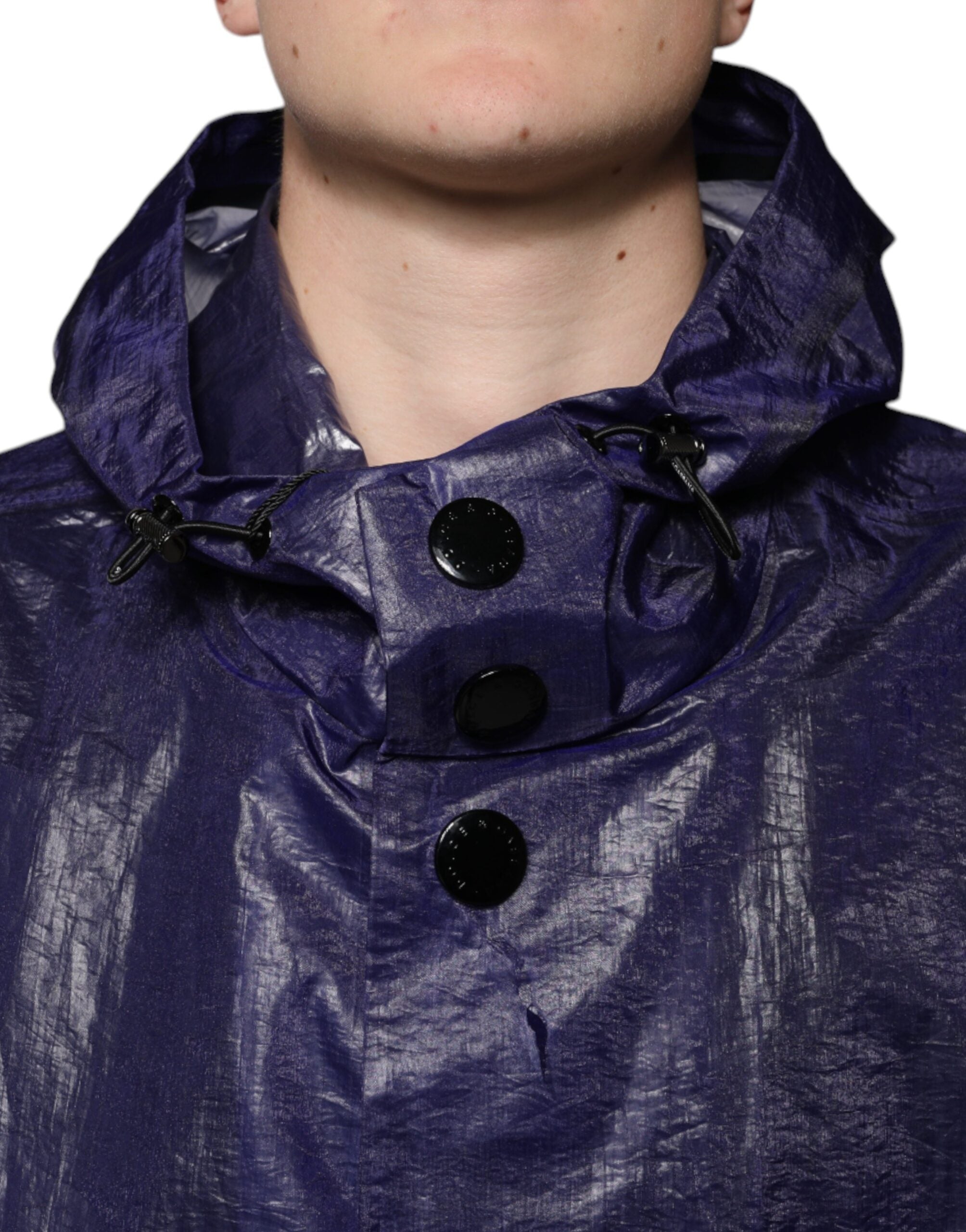 Imperméable homme Dolce & Gabbana en coton bleu foncé avec capuche, style élégant et pratique pour la pluie.