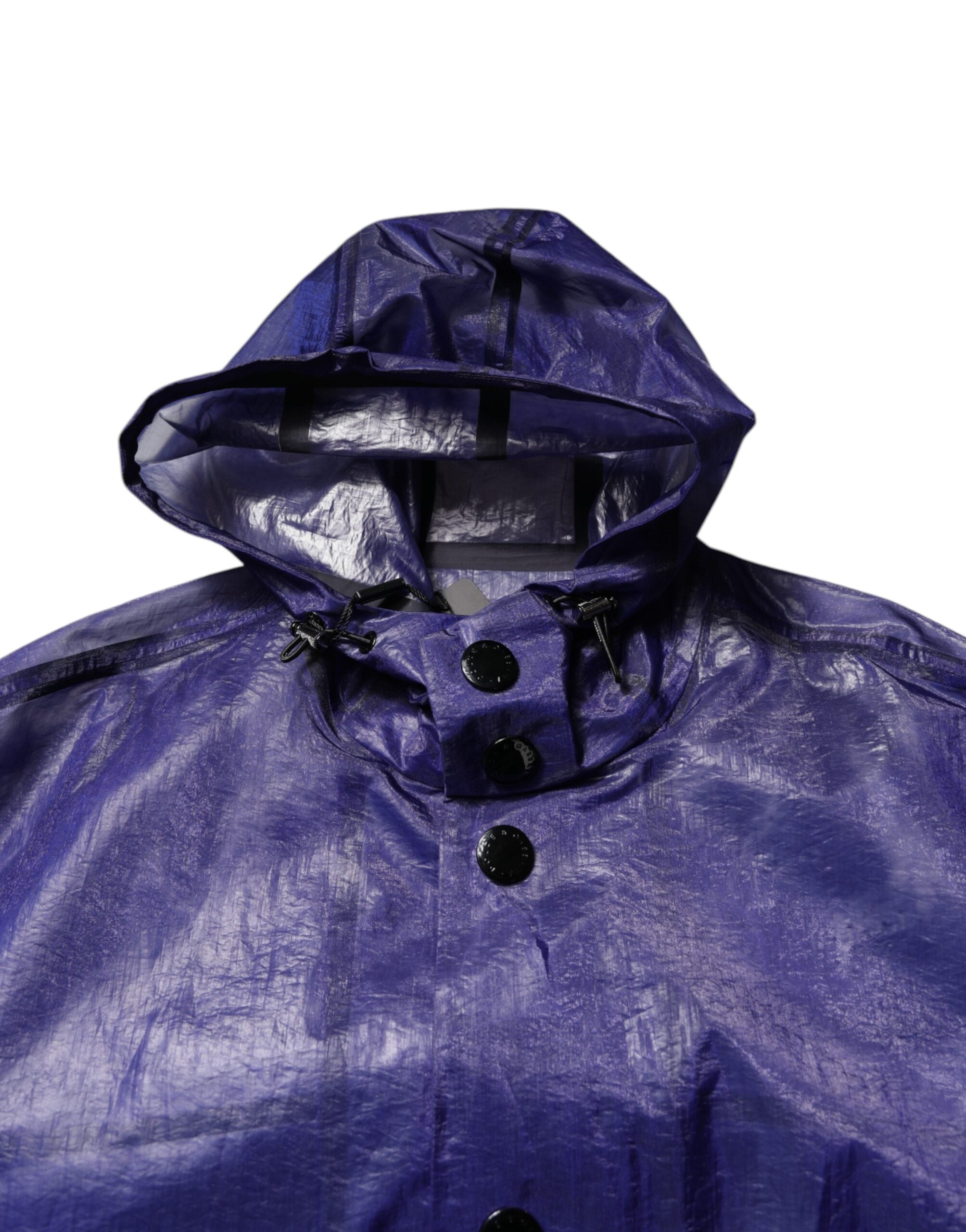 Imperméable homme Dolce & Gabbana en coton bleu foncé à capuche, parfait pour la pluie, avec fermeture à boutons et poches pratiques.