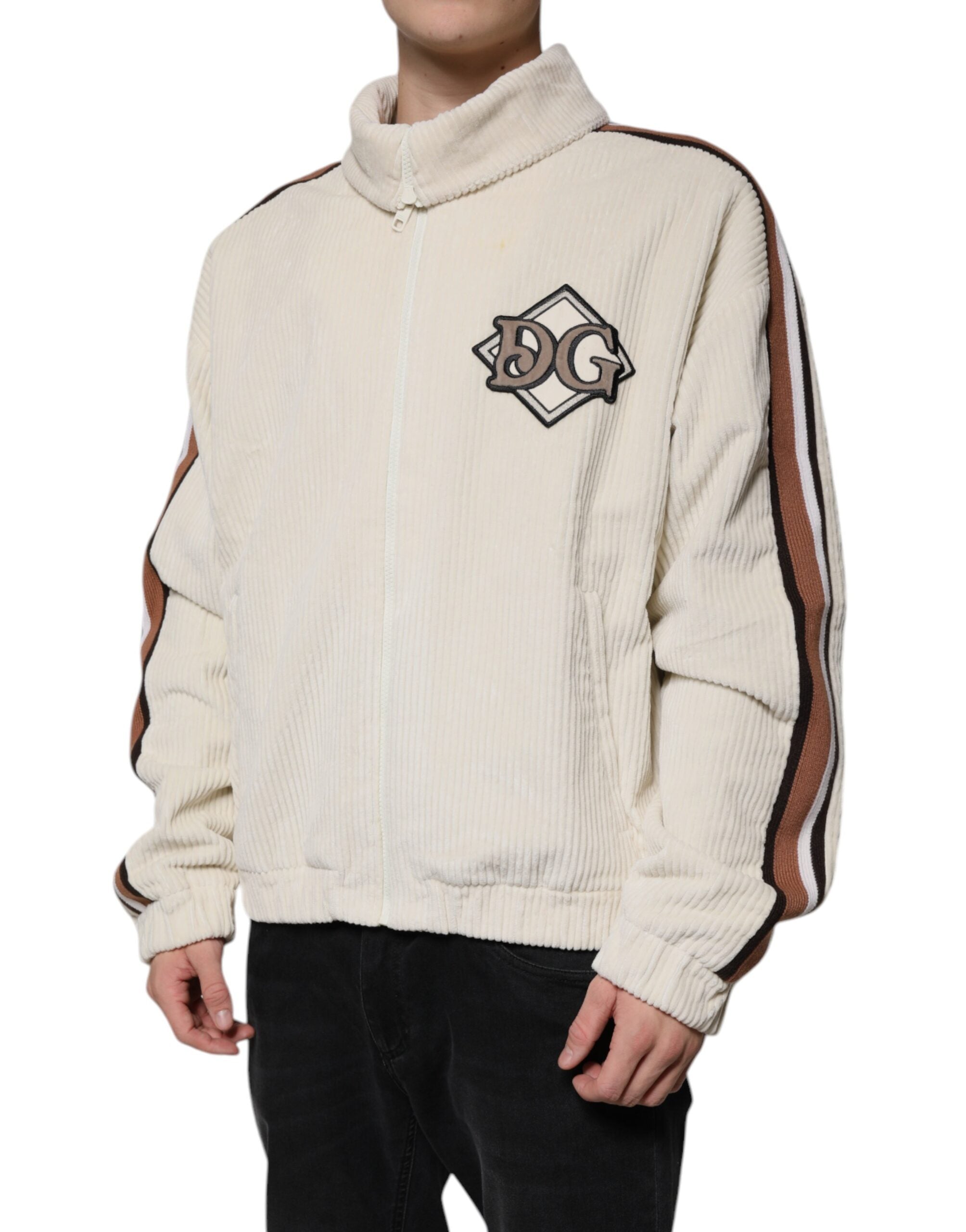Veste en velours côtelé beige Dolce & Gabbana avec logo appliqué, zip complet, style décontracté et élégant.