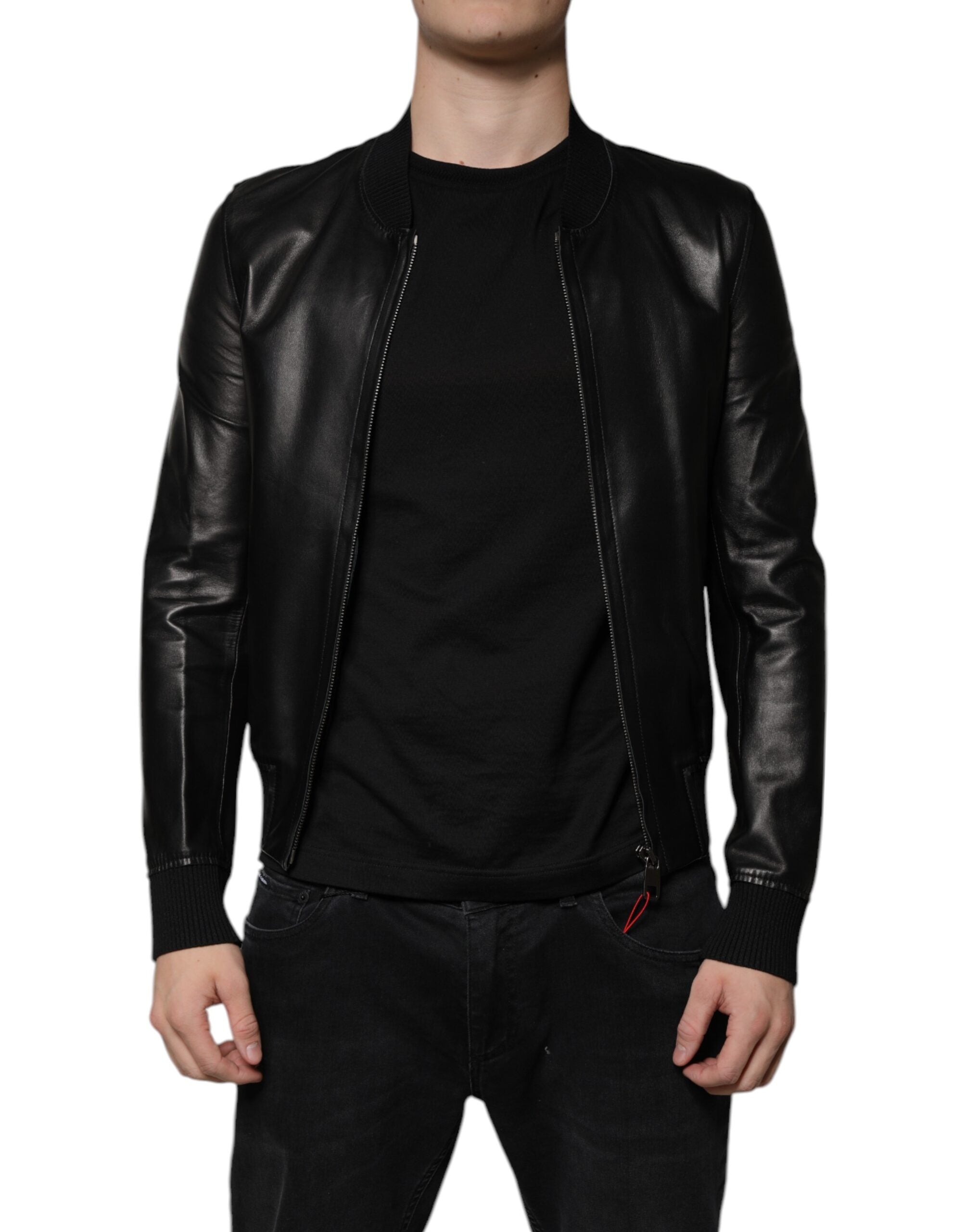 Veste biker Dolce & Gabbana en cuir d'agneau noir avec fermeture éclair intégrale, style élégant et moderne.