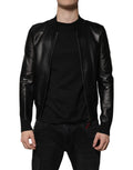 Veste biker Dolce & Gabbana en cuir d'agneau noir avec fermeture éclair complète et col montant.