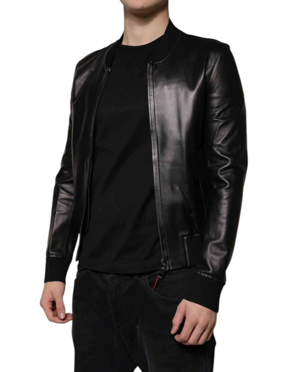 Veste biker noire en peau d'agneau Dolce & Gabbana avec zip complet et col montant, style élégant et moderne.
