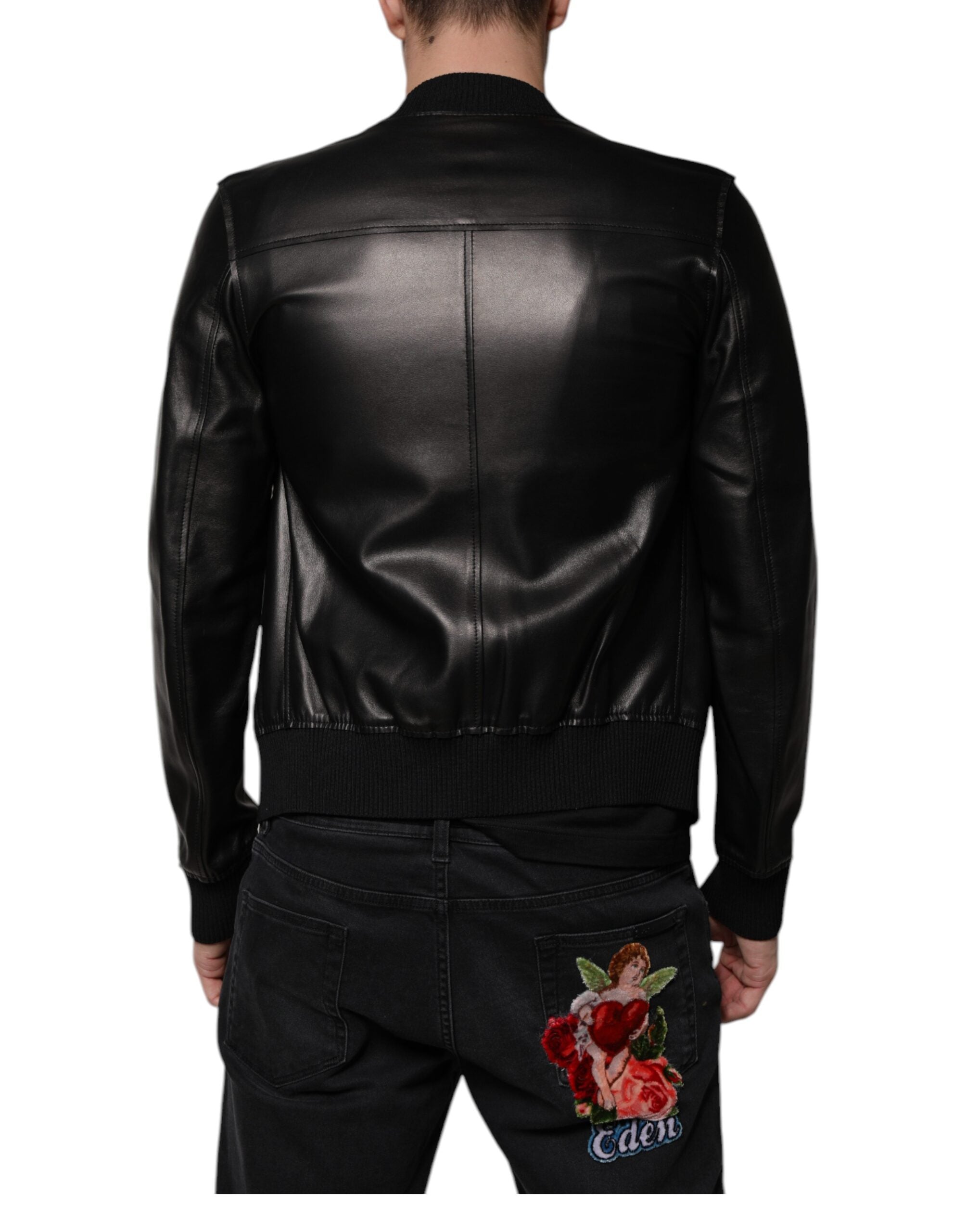 Veste biker Dolce & Gabbana en cuir d'agneau noir avec zip complet, style élégant et moderne.