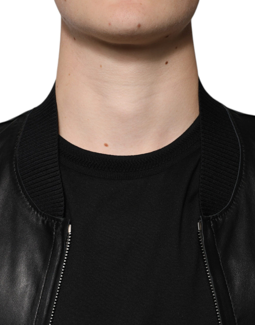 Veste biker en cuir d'agneau noir de Dolce & Gabbana avec fermeture éclair intégrale, style moderne et élégant.