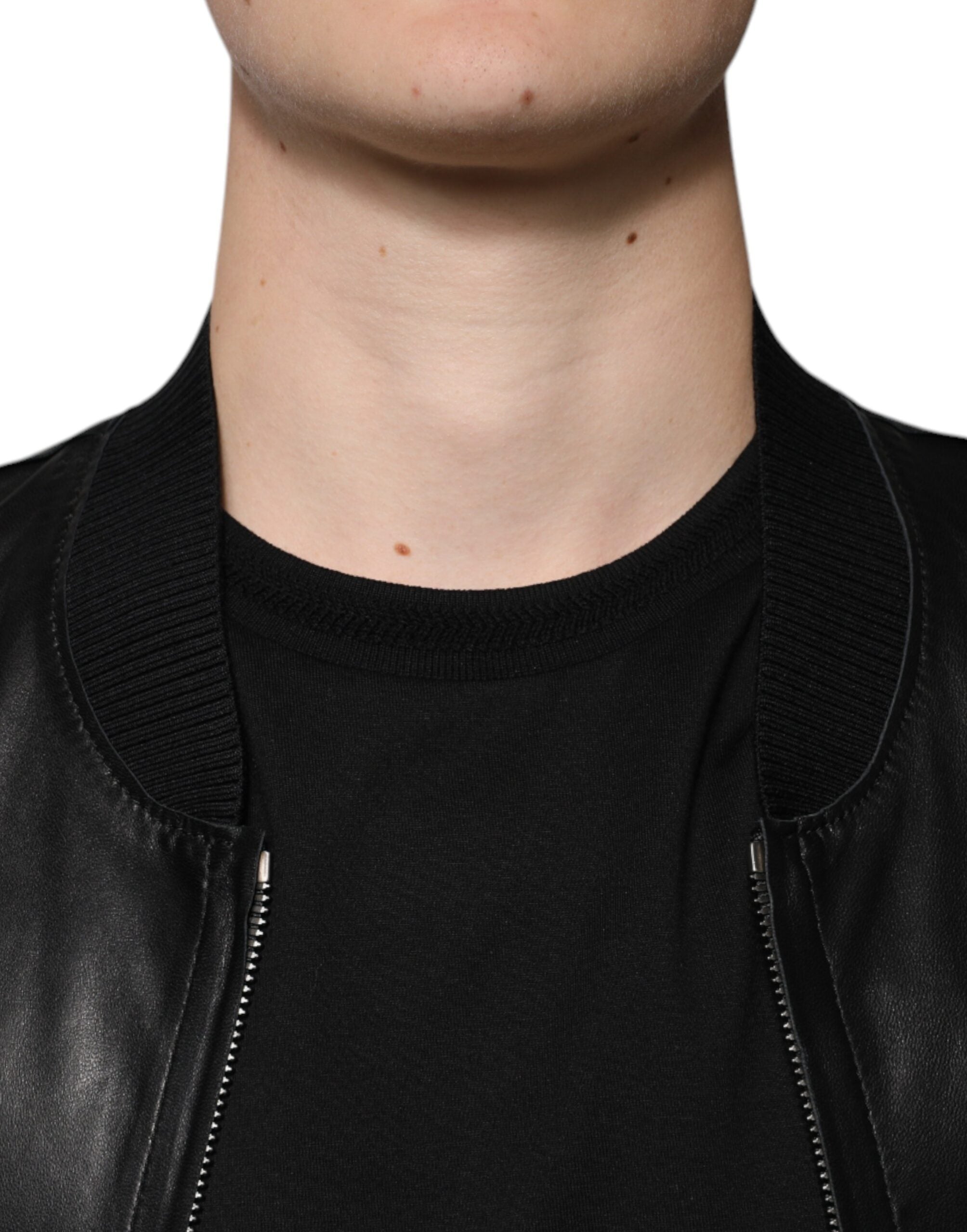 Veste biker en cuir d'agneau noir de Dolce & Gabbana avec fermeture éclair intégrale, style moderne et élégant.