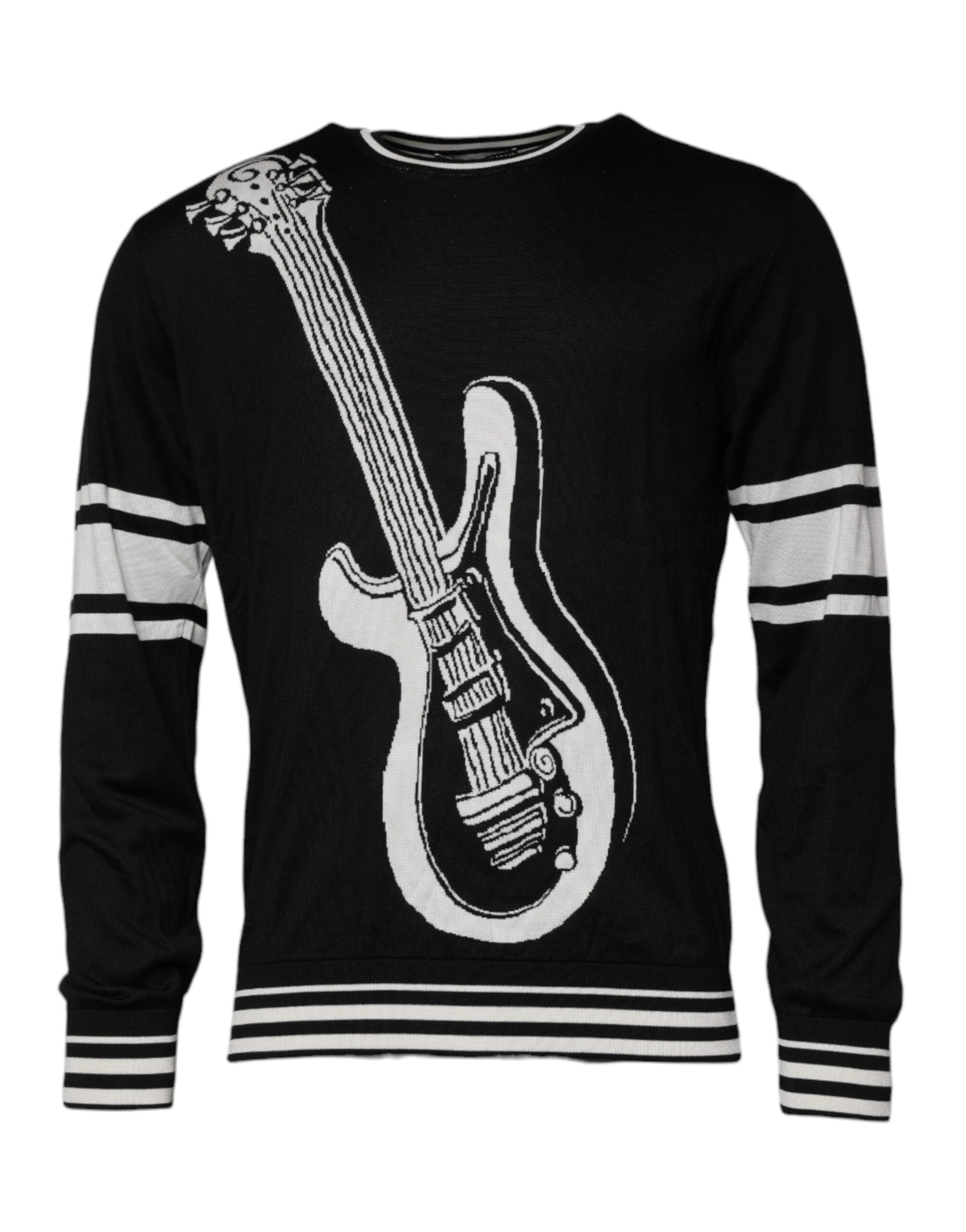 Pull en soie Dolce & Gabbana noir et blanc avec motif guitare, col rond, style élégant et sophistiqué.