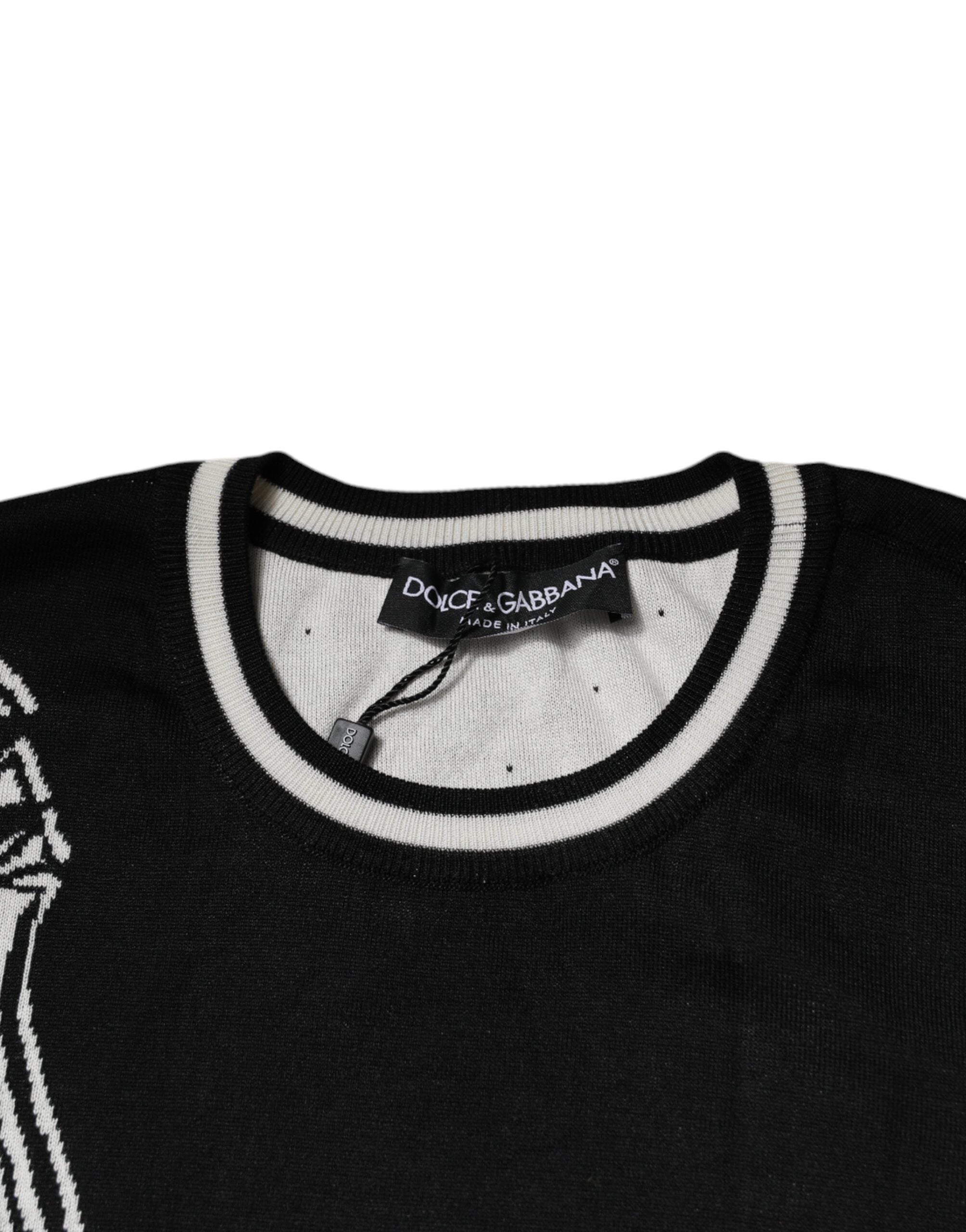 Pull en soie Dolce & Gabbana noir et blanc avec motif guitare, col rond, élégant et confortable.